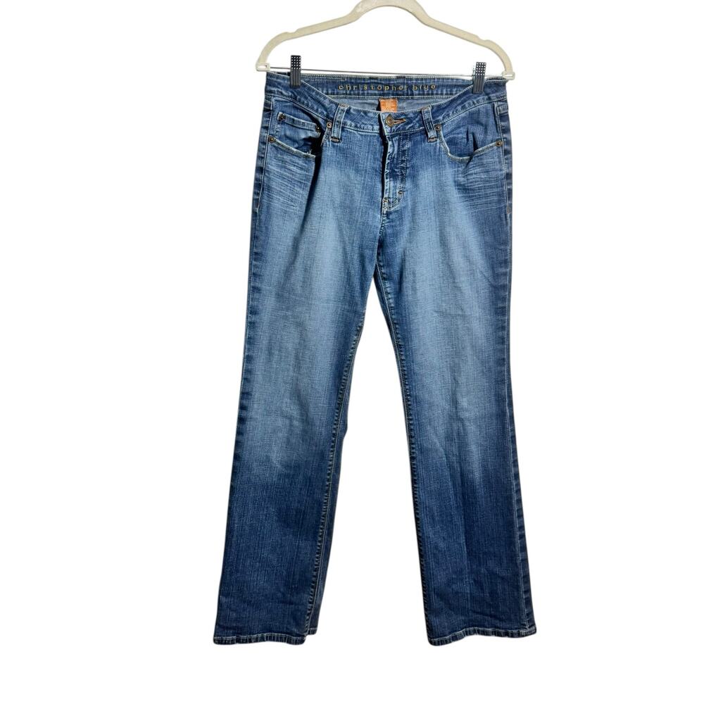 Christopher Blue Y2K Low Rise Bootcut Denim Jeans Women 10 Blue Flap Pocket Boho